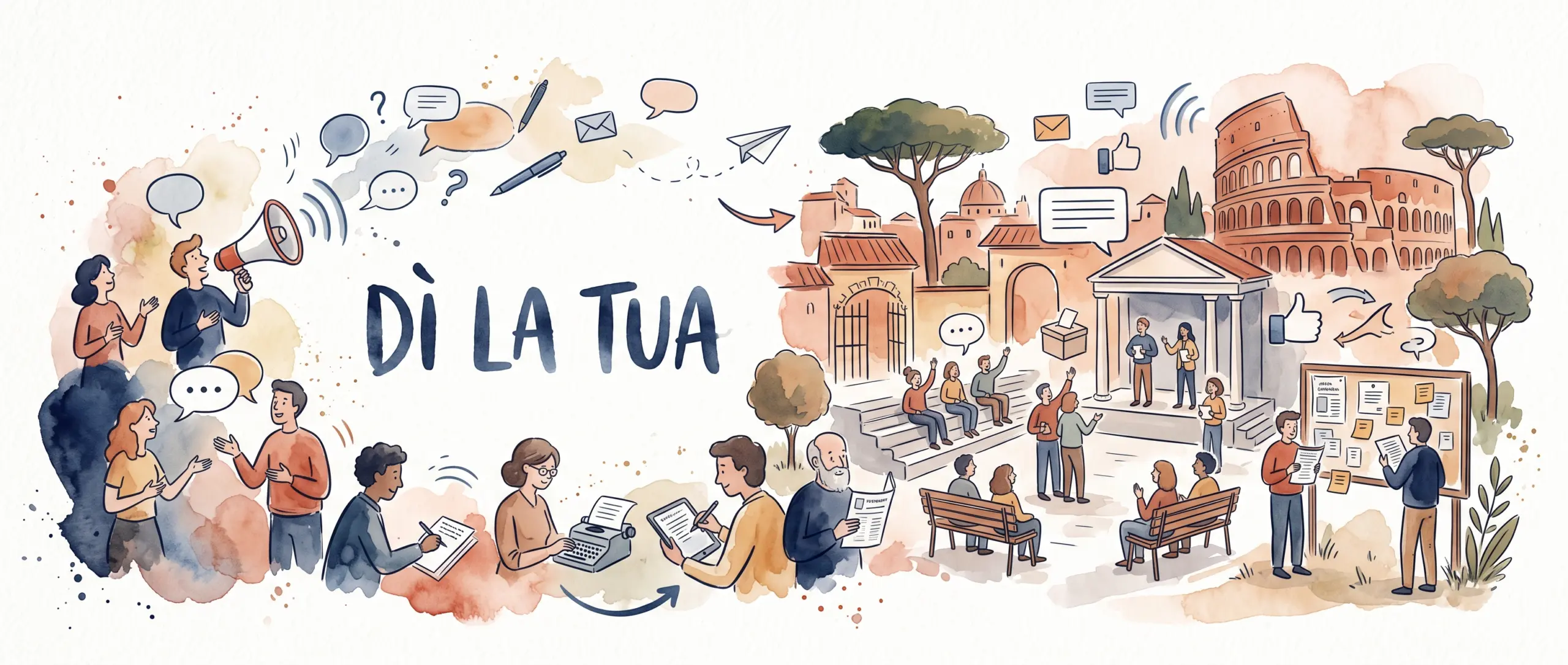Dì la tua: illustrazione con cittadini di Roma sud che scrivono, raccontano e discutono i fatti del loro quartiere